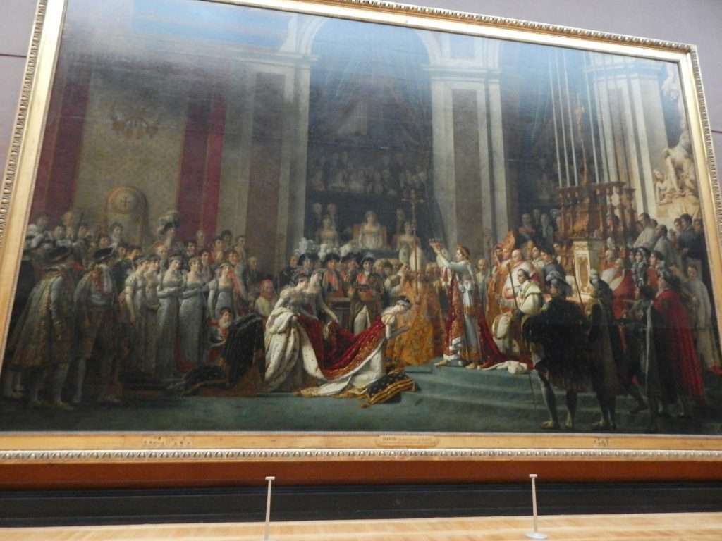 The Coronation of Napoleon - Jacques-Louis David (Room 75 - Denon wing) Painted in 1807, as the name says, the painting represents the moment of the coronation of Napoleon. Its size, as well as the details, are very impressive, it has 10 meters wide and 6 height, this is one of the biggest paintings in the Louvre.