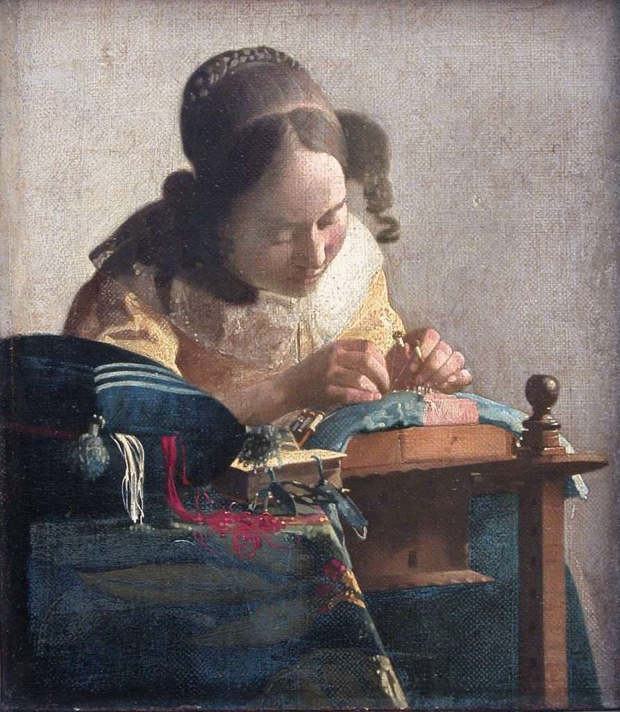 Here we see the young lacemaker working oblivious to the outside world, focused on her work, and seems distracted, unaware that she is being watched.