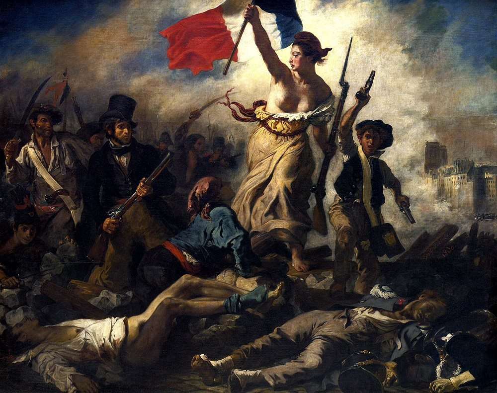 Liberty Leading the People - Eugène Delacroix (Room 77 - Denon wing) The painting is a commemoration for the July Revolution of 1830. The woman in the picture, known as Marianne (the personification of Liberty) is a national figure and represents the triumph of the French Republic over the monarchy. In this painting, Marianne champions the Tri-colored French flag (symbolizing Liberty, Equality & Fraternity).