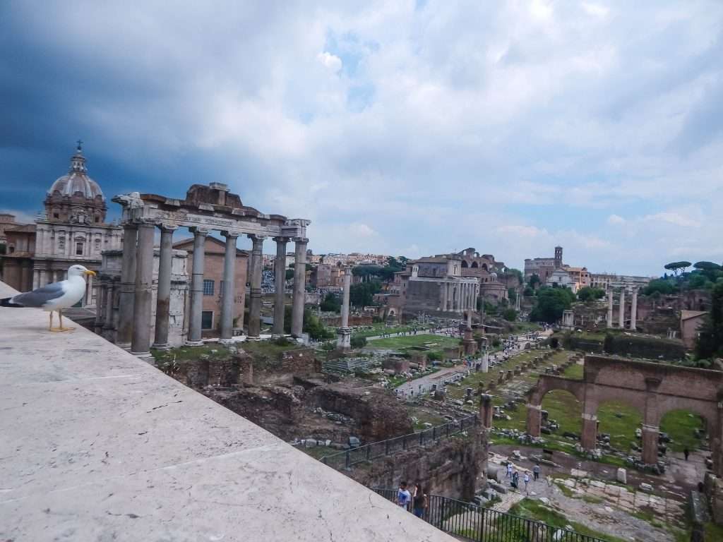 Roman Forum ruins seen from a high viewpoint.