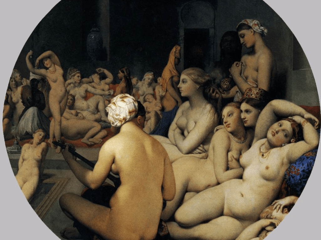 A scene depicting naked girls at a Turkish bath.